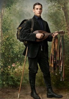 Migratory bird, historical illustration, digitally edited, typical traditional costume, hiking,