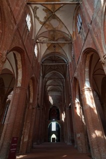 Empty interior of St Georgen, Gothic brick building of the 14th century, under reconstruction,