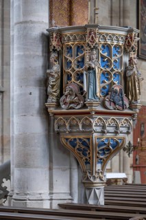 Pulpit in the late Gothic hall church of St George, Dinklelsbühl, Bavaria, Germany
