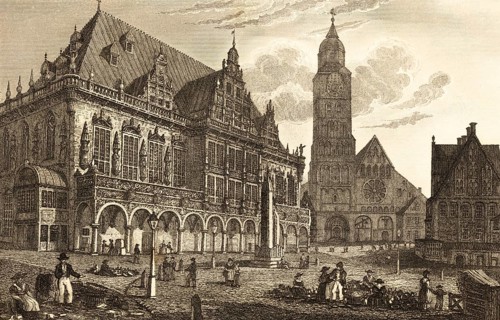 Town Hall, Roland am Marktplatz and the Romanesque St. Peter Cathedral of the Hanseatic City of