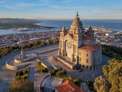 Sunrise aerial view of Santa Luzia sanctuary overlooking Viana do Castelo, where the hilltop