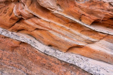 Close-up of natural sandstone with abstract layers and textures in earthy tones. The intricate