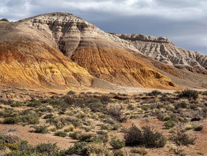 Hiking path Sendero Tierra de Colores, trail to colorful rock formation, Park Patagonia Argentina,