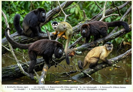 Display board monkeys, howler monkeys (Alouatta) capuchin monkeys (Cebinae), Satan monkey or Black