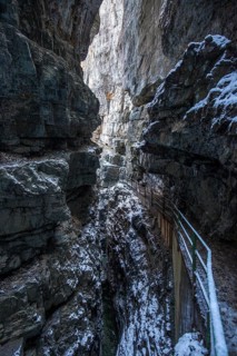 Winter, snowy landscape, river Breitach and hiking trail through the Breitachklamm gorge near