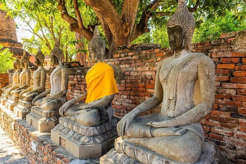 Stone Buddha statues, historic Buddhist temple complex, Ayutthaya, Thailand