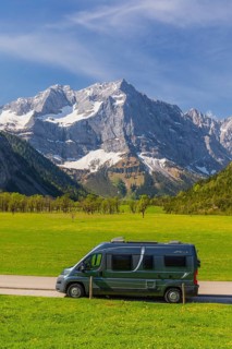 Camper van, Nature conservancy area Grosser Ahornboden. Sycamore maple trees, Acer pseudoplatanus,