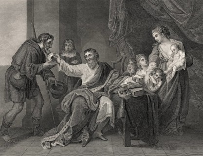 Alfred der Große, 847-899, König der Westsachsen, teilt sein Brot mit einem armen Pilger, 9.