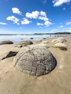 Round stones of the Moeraki Boulders at Moeraki Beach, Moeraki, South Island, New Zealand, Oceania
