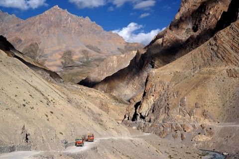 India, road from Spiti to Lahaul, truck, Lahaul, Spiti, India