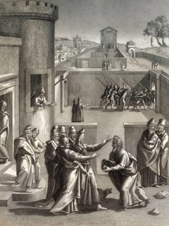 Judas Iscariot before Pontius Pilate, New Testament, steel engraving 1853, digitally restored