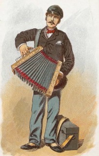 Viennese types by Ladislav Eugen Petrovits (1839, 1907), painter from Austria. Harmonica player,