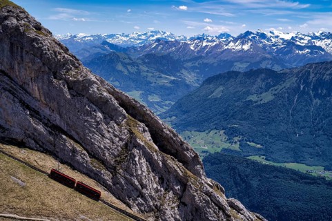 Pilatus railway, steepest cogwheel railway in the world from Alpnach to the Pilatus, behind it