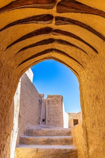 Vaulted ceiling with wooden substructure, in the largest preserved mud town in Oman, Al Bilaad, Al
