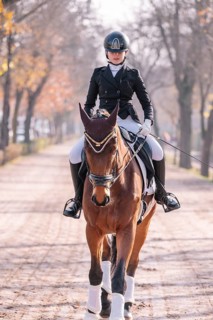 A teenage girl dressed in a classical equestrian outfit rides a brown horse along a tree-lined path