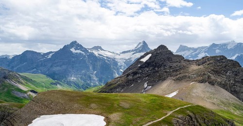 View from the summit of Faulhorn, Finsteraarhorn and Schreckhorn mountain peaks, Bernese Alps,