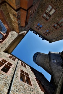 Old Castle, also known as Landgraves' Castle, view from the inner courtyard to the sky, Giessen,