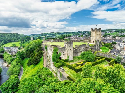 Richmond Castle from a drone, Richmond, Yorkshire Dales, North Yorkshire, England, United Kingdom