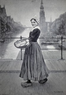 Fishergirl in Amsterdam, with a basket of fish on a bridge across the canal, wood engraving based