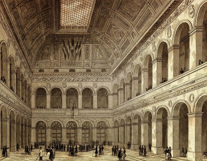 Paris Bourse, Paris, antique steel engraved print, 1831