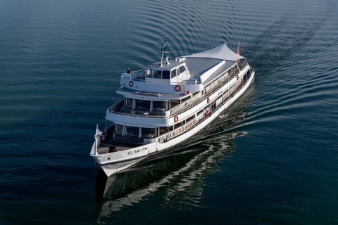 The passenger ship MS St. Gallen of the Schweizerische Lake Constance-Schifffahrt (SBS) with home