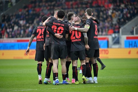 Goal celebration Alejandro Grimaldo Bayer 04 Leverkusen (20) Ibrahim Maza Bayer 04 Leverkusen (30)
