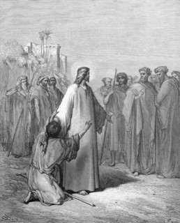 A man to Jesus and kneeling in front of him, healing the moonaddict, Matthew chapter 17, verse 14,