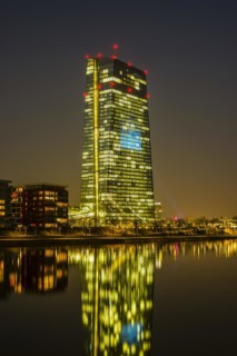 European Central Bank, ECB, at dusk, blue hour, harbour park, Frankfurt am Main, Hesse, Germany