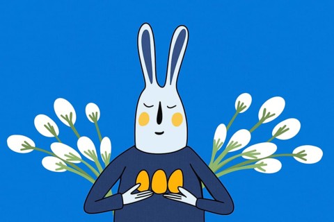 Charming illustration of a smiling Easter bunny holding three eggs, surrounded by delicate white