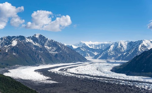 View of impressive mountain landscape with the Matanuska Glacier tongue, Lion's Head, Chugach