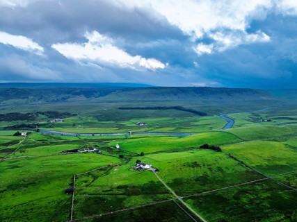 Forest in Teesdale over River Tees from a drone, North Pennines AONB, County Durham, England,