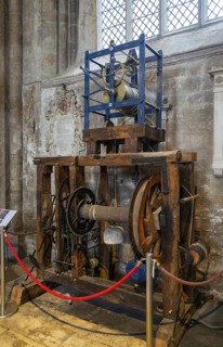Historic clock timekeeping mechanism, interior of cathedral church, Peterborough, Cambridgeshire,