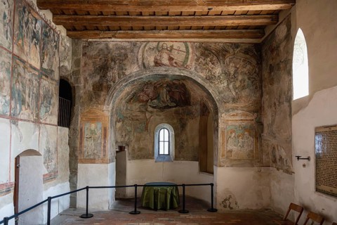Interior view of the Romanesque St. Peter's Church with late Gothic frescoes, wall paintings