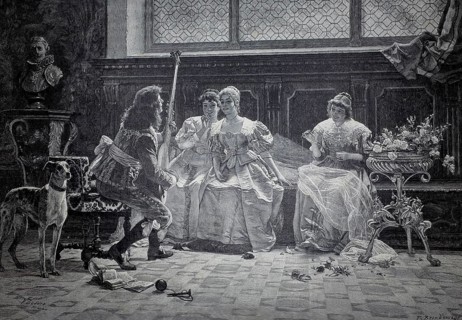 A minstrel with his lute in front of three distinguished ladies listening to his music, 1890,