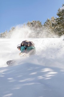 A snowboarder carves through untouched powder in the backcountry, surrounded by snow-laden trees
