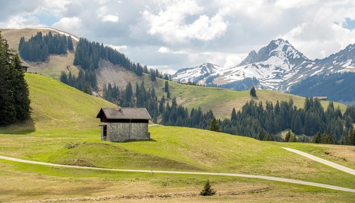 A serene spring landscape in Jaun, Gruyere, Switzerland, featuring a solitary stone hut with the