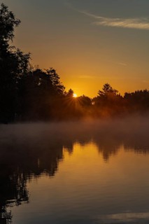 Autumnal morning atmosphere at Schmutter Weiher with fog near Lechbruck, Halblech and Roßhaupten in