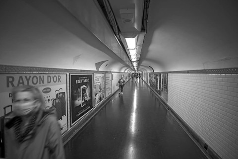 Underpass in the metro, black and white, Paris, France