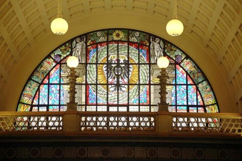 Colorful stained glass window with German federal eagle, coat of arms, heraldic animal,