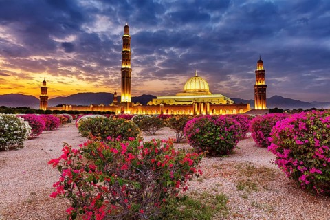 Countryside, Oman, Mosque, blue hour, Illuminated, Building, Architecture, Sultan Qabus Grand