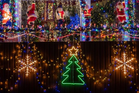 Christmassy decorated balcony, Gällivare, Norrbotten, Lapland, Sweden, December 2022