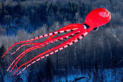 Kite flying over the frozen Saint Mauricie river. Festival Festi-Volant. Canada's biggest winter