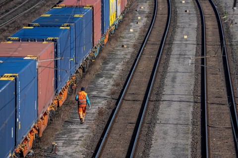 Container trains in the freight yard, so-called installation tracks in Duisburg-Rheinhausen,