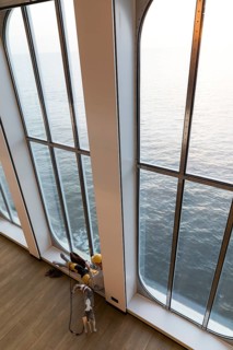 Interior design on the TT-Line Nils Holgersson ferry, high windows with views of the Baltic Sea