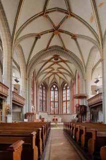 Interior view with pulpit and chancel of the Gothic town church, Meiningen, Thuringia, Germany