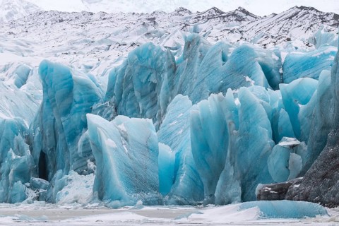 Glacier lagoon, frozen glacial lake, glacier ice, mountain, snow, winter, Svinafellsjökull,