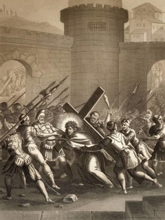 Jesus is led outside the gate to Mount Calvary, New Testament, steel engraving 1853, digitally