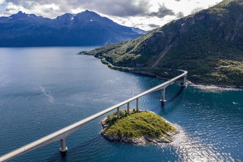 Aerial view of Mjosund Bridge (Norwegian: Mjøsundbrua), bridge on road 848 east of Harstad, Norway