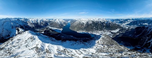 Aerial view, epic view of mountain landscape with snow in winter, summit of Bärenkopf, Achensee,