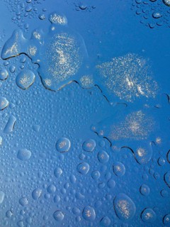 Vereiste Wassertropfen mit Eiskristallen auf Glasdach, Bayern, Deutschland